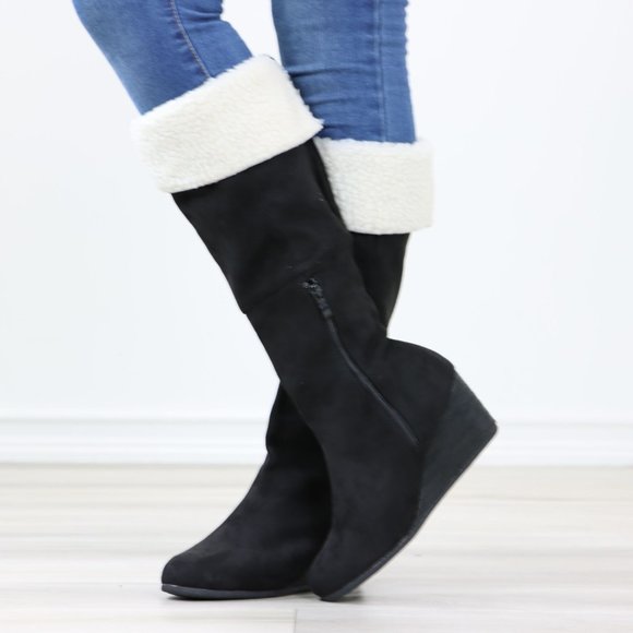 Sherpa Fold Over Black Below The Knee Wedge Heeled Boots Faux Suede - Picture 8 of 12
